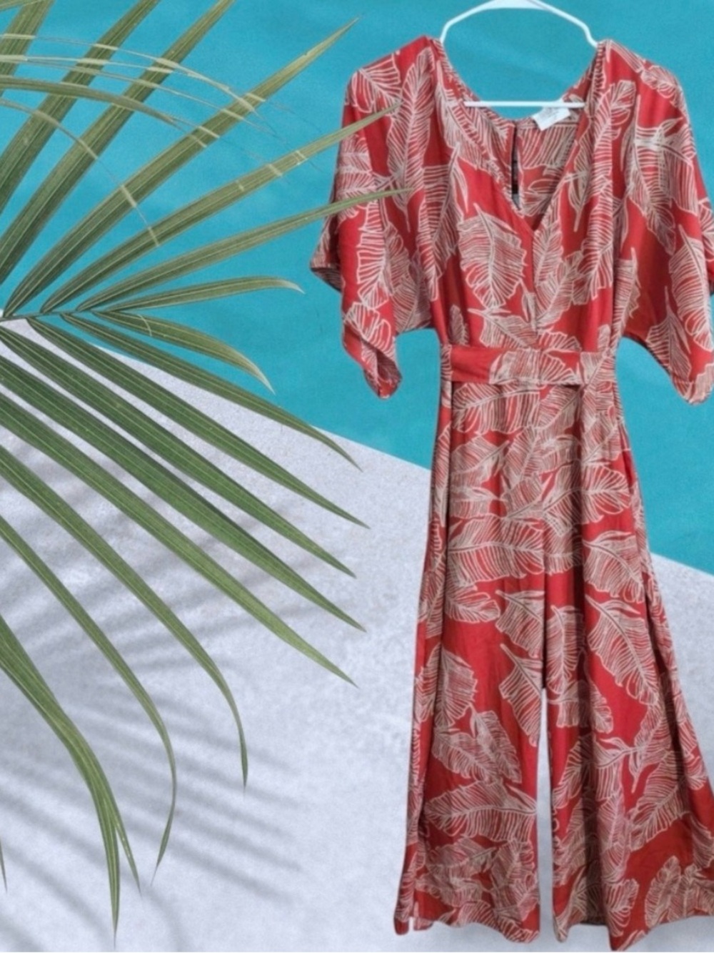 Sienna Sky Wide leg Cropped Jumpsuit Red Palm leaf print Size L
